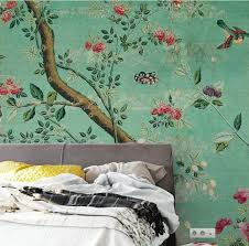 C10201807136 Emerald Green Chinoiserie Wallpaper Self Adhesive Vintage Shabby Branch Birds Wallpape Chinoiserie Wallpaper Green Wallpaper Dark Green Wallpaper