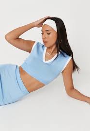 Knit fabric at outlet prices. Blue Co Ord Contrast Piping V Crop Knit Vest Top Missguided