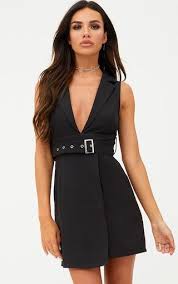 Black Sleeveless Tie Waist Blazer Dress Dresses Prettylittlething Usa Black Dress Jacket Dresses Black Dress