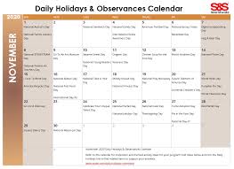 ☼ printable calendar 2020 pdf: November Daily Holidays Observances Printable Calendar S S Blog