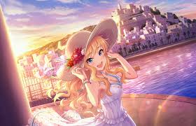 yui ohtsuki the idolmaster cinderella girls blonde smiling summer dress straw hat anime seni