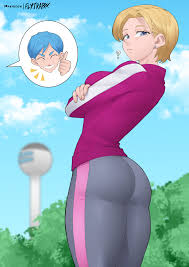 flytrapxx, android 18, bulma, dragonball z, highres, 2girls, ?, ass, blonde  hair, blue eyes, blue hair, breasts, closed eyes, cross, from behind, grin,  jacket, leggings, looking at viewer, looking back, multiple girls,