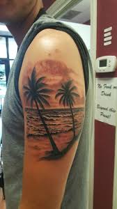 Black and grey palm tree tattoo on forearm. Enigma Ink Tattoo Beach Tattoo Sunset Tattoos Palm Tree Tattoo