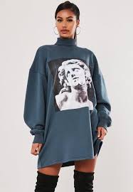 Blue High Neck Statue Graphic Sweater Dress Hoddies Outfits Hoodie Dress Outfit High Neck Sweater Dress