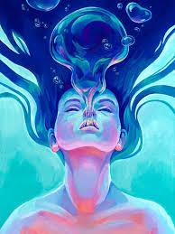 Breathe 18x24 Print Acrylic Painting Art Reproduction Colorful Girl Colors Bubble Bubbles Breathe Underwater Float Teal Floating Water Art Painting Painting Art Projects Poster Color Painting