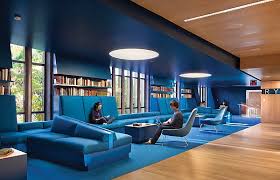 The Ideal University Would Have This Nice Blue Study Area To Help Calm And Focus Students Office Interior Design Office Lighting Design Modern Office Interiors