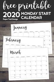 Free Printable 2020 Calendar Monday Start Paper Trail Design Monthly Calendar Printable August Calendar July Calendar