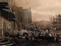 Destroyed City Futuristic Scenery With A Destroyed City Affiliate City Destroyed Futuristic Destroyed Scener City Drawing Stock Illustration City
