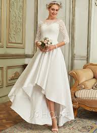 Vintage / retro ivory satin winter wedding dresses 2019 princess scoop neck long sleeve chapel train ruffle. A Line Scoop Neck Asymmetrical Satin Lace Wedding Dress 002250143 Jj S House