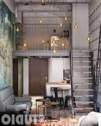 Small Living Room Furniture Arrangement Two Level Studio Apartment Photo Wallpaper Accent Wall Metal Rail Salas Pequenas Casas Estilo Loft Espacos Pequenos