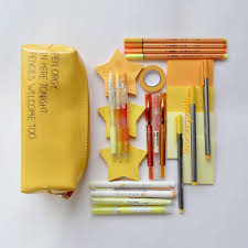 Stationery Art Yellow Flat Lay Pens Pencil Case Stars Washi Tape Post It Pilot Juice Maica Muji Staedtler Stationery Art Yellow Stationery Stationery