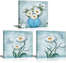 Shop art.com for the best selection of flowers wall art online. Amazon Com Vintage Flower Wall Decor Light Blue Green Background Canvas Wall Art Flowers In Vase Paintings 3 Pieces Retro Picture For Home Decoration Waterproof Ready To Hang Paintings