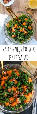 Spicy Roasted Sweet Potato Kale Salad Recipe Sweet Potato Kale Kale Recipes Vegetarian Recipes