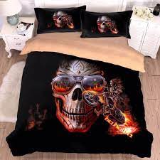Motorcycle Biker Fire Skull Bedding Set W1789 Cotton And Microfiber Fabric Duvet Cover Bed Sheet Pillow Case Skull Bedding Sets Skull Bedding Boys Duvet Cover