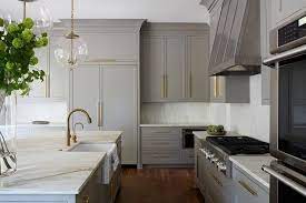 Gold And Gray Kitchen Concept With Glass And Brass Globe Lights Transitional Kitchen Kitchen Concepts Kitchen Renovation Kitchen Interior