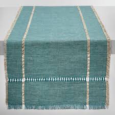 Hand Woven In India Of 100 Cotton In A Teal Melange Our Khadi Runner Features Pulled Thread Embroidery And Soft Fringe On All Four Sides Layer Turkiser Tisch