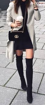 Fall Fashion Little Blac Dress Over The Knee Boots And Wrap And Wrap Coat Fashion Stylish Outfits Fashion Outfits