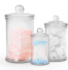 These stylish and practical options suit a wide array of bathroom needs. Buy Gonioa Set Of 3 Clear Glass Apothecary Jars Premium Quality Bathroom Vanity Organizer Apothecary Jars Canister Set For Cotton Swabs Makeup Sponges Bath Salts Q Tips Online In Indonesia B08fgbptg9