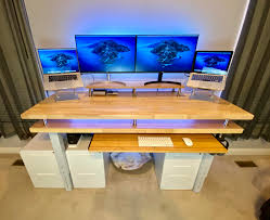 We basically got two file cabinets and placed a piece of butcher block on top and….voila! Makeshift Diy Standing Desk Starting From A Gladiator Work Bench With A Butcher Block Top Added On 4 Legs Custom 42 Pullout Drawer And 42 Bamboo Monitor Stand Standingdesk