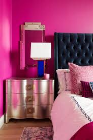 When paired with a pair of gilded sconces warm wood accents and a relatively neutral palette of pale blue and crisp white the pale pink hue looks anything but juvenile. Fuchsia Navy Gold Bedroom Bedroom Modern Eclectic Art Deco By Maureen Stevens Design Hot Pink Bedroom Decor Hot Pink Bedrooms Pink Bedroom Decor