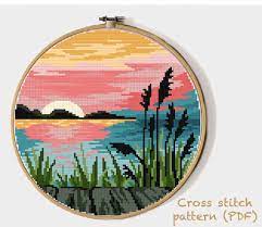 Please note this is a pdf pattern only. Landscape Modern Cross Stitch Pattern Nature Easy Counted Cross Stitch Chart Sunset River Hoop Art Instant Download Pdf Modern Cross Stitch Patterns Cross Stitch Cross Stitch Patterns