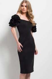 Jovani 49552 Floral Ruffled Sleeves Off Shoulder Sheath Cocktail Dress In Black Stra Prom Dresses Jovani Evening Gowns Couture Plunging Neckline Dress Short