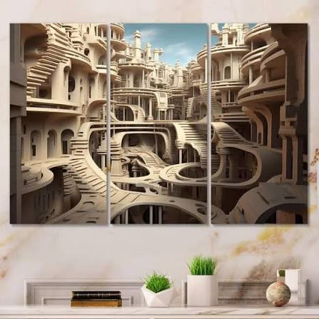 Designart "Architectural Dreamscape Surreal Fractal Fantasy IV" Surrealism  landscape Canvas Wall Art Set of 3 Pieces - Bed Bath & Beyond - 41737932
