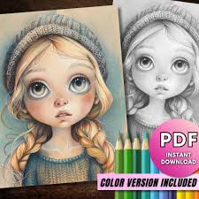 Quirky Girl Coloring Book Page, Big Eyes Doll Instant Download, Blonde Hair  Grayscale Printable PDF JPG, Digital Image, Gift Kids Adults