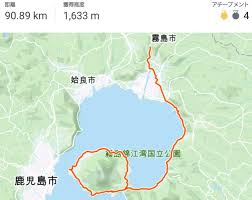 A map (visual representation of an area). ãƒ­ãƒ¼ãƒ‰ãƒã‚¤ã‚¯ã§æ¡œå³¶ä¸€å'¨ãƒ„ãƒ¼ãƒªãƒ³ã‚° ãƒ•ã‚§ãƒªãƒ¼ã§é¹¿å…å³¶æ¸¯ã¸