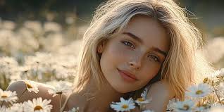 Redhaired Woman In Daisy Field Fixing Hair Sunset Backdrop Photo Background  And Picture For Free Download