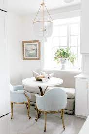 Make a statement with a black and white color palette, along with a bold print. 10 Adorable Dining Nooks Cobalt Gold Interiordesign Interiorinspiration Diningnook Blog Dining Nook Small White Dining Table Dining Room Design