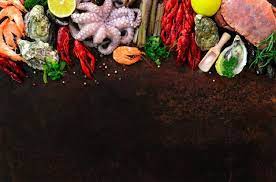 Seafood Background Fresh Mussels Molluscs Oysters Octopus Razor Shells Shrimps Crab Crawfish Crayfish Seaweed Lemon Spices Seafood Oysters Mussels