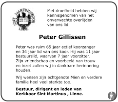 Join facebook to connect with peter gillissen and others you may know. Peter Gillissen 22 08 2010 Overlijdensbericht En Condoleances Mensenlinq Nl