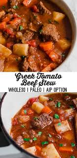 Greek Inspired Tomato Beef Stew Unbound Wellness Recipe Tomato Beef Stew Beef Stew Recipe Stew Meat Recipes