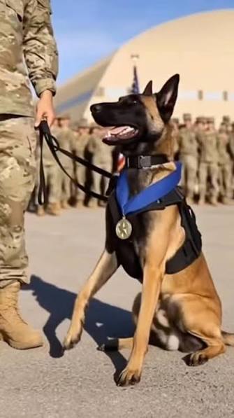 This is K9 Valor. He saved 47 soldiers. He survived a suicide bomber, then  went on to stop three more, fighting tooth against knife. In the end, he  placed himself between an