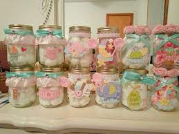 Mason Jars Decorated For A Baby Shower Mason Jar Baby Shower Baby Shower Gifts For Guests Mason Jar Decorations