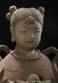 19.6" Old China Dynasty Wood Carved Golden Boy Jade Girl Tongzi Kid Statue  Pair