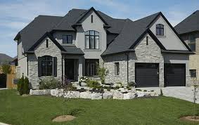 Black And Grey Houses Again Grey Brick Instead Of Stone Blended Grey Stucco Black Doors And Windows Exterior House Colors Brick Exterior House House Exterior