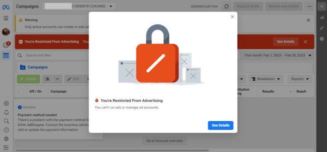 Instructions for unlocking a personal ad account in Facebook Ads Manager