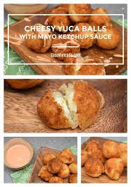 Crunchy Cheesy And Just Plain Delicious These Cheesy Yuca Cassava Balls With Mayo Ketchup Dipping Sauce Are The Perfect Rosemary Recipes Yuca Find Recipes