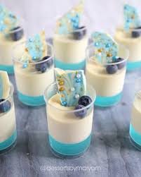 Vanilla Bean Panacotta With Blue Jelly Topped With Some White Chocolate Blue And Gold Shards To Go With The The Blue Desserts Jelly Desserts Dessert Shooters