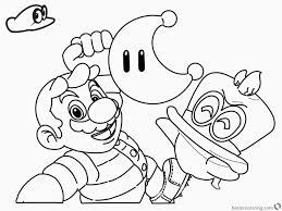 It resembles a short red top hat with golden propellers that protrude from the bottom of the ship when starting up on the outside and on the inside it has a white and gold color scheme with three windows. Printable Mario Odyssey Coloring Pages Mario Coloring Pages Super Mario Coloring Pages Dinosaur Coloring Pages