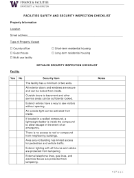 Room inspection checklist used by housekeeping supervisor. Facilities Safety And Security Inspection Checklist Template University Of Washington Download Printable Pdf Templateroller