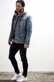 Men S Blue Denim Jacket Grey Hoodie Black Skinny Jeans White Low Top Sneakers Mens Outfits Mens Fashion Casual Mens Fashion