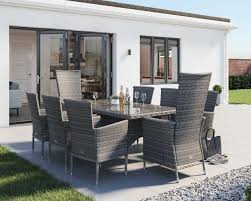 From nested table sets and coffee tables to wooden stool birches and dining chairs, grab yourself a bargain in store and online. Cambridge 2 Reclining 6 Non Reclining Rattan Garden Chairs And Rectangular Dining Table Set In Grey Rattan Direct