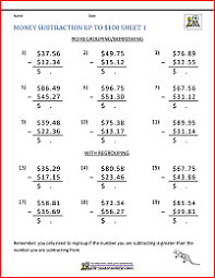 money subtraction worksheet page