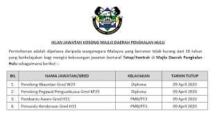 Berikut merupakan maklumat iklan kerja kosong yang ditawarkan oleh majikan terlibat. Jawatan Kosong Terkini 2020 Di Majlis Daerah Pengkalan Hulu