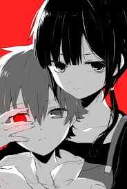 amamiya hibiya, asahina hiyori, kagerou project, highres, 1boy, 1girl,  expressionless, glowing, glowing eye, hand on anothers face,  heterochromia, long hair, looking at viewer, monochrome, portrait, red  background, red eyes, short hair, twintails ...