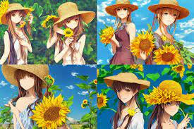 KREA - anime girl wearing straw hat holding a sunflower, detailed digital  art, key anime visual