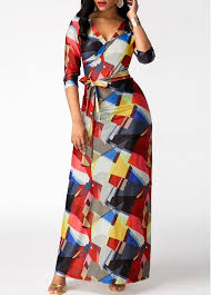 Printed V Neck High Waist Belted Maxi Dress Rosewe Com Usd 33 17 Maxi Dress Shop Casual Dresses Womens Maxi Dresses